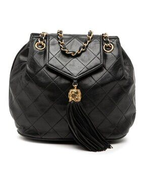 Chanel CC Logo Quilted Tassel Chain Shoulder Bag Black Lambskin